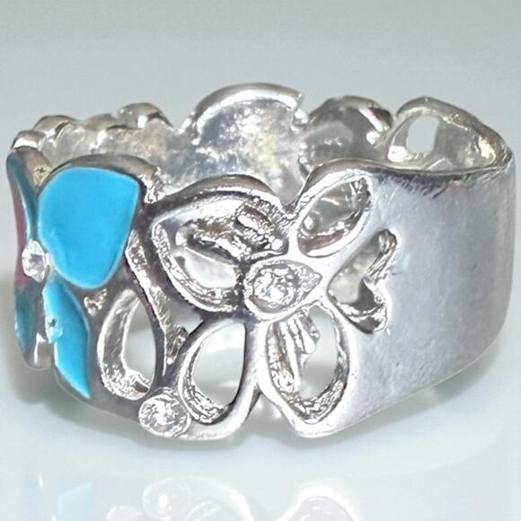 Silver and  Pink & Blue Enamel Flower Size 7 New - Picture 3 of 7